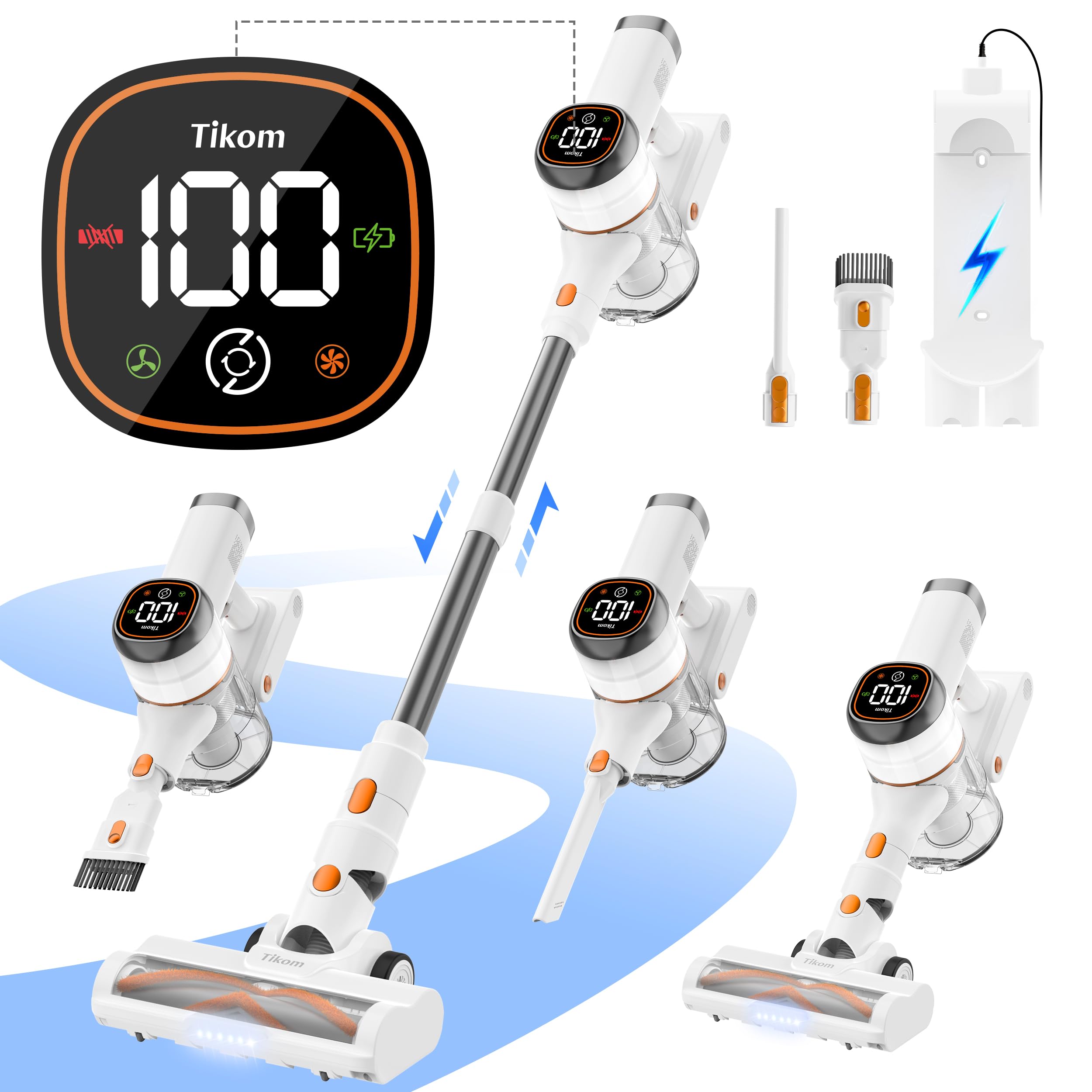 Tikom V500 Cordless Vacuum Cleaner For Home, 40000Pa/450W Stick Vacuum With Led Touch Screen, Charging Wall Dock, Anti Tangle, L